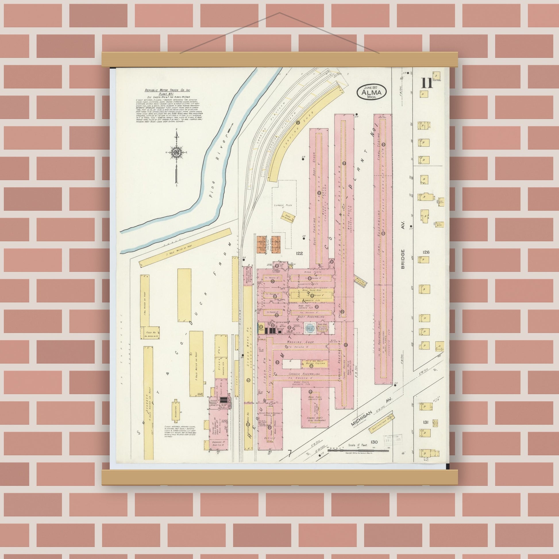 Old map wall art mockup — magnetic wood frame on brick wall — Sanborn Fire Insurance Map from Alma, Gratiot County, Michigan (1917), Sheet #0011