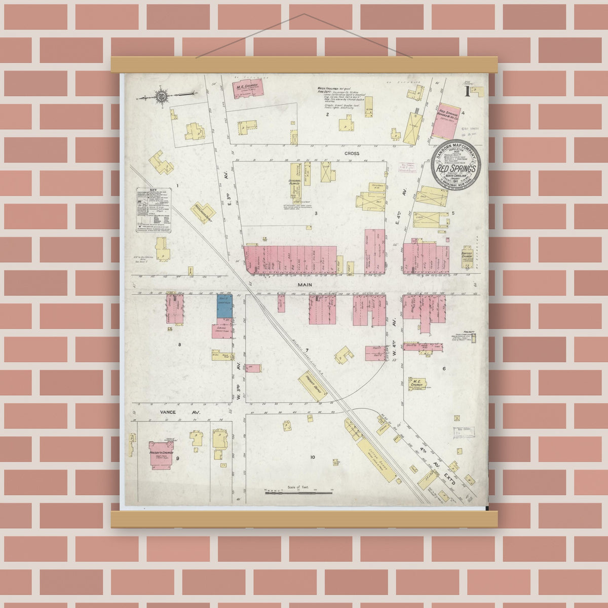 Old map wall art mockup — magnetic wood frame on brick wall — Sanborn Fire Insurance Map from Red Springs, Robeson County, North Carolina (1911) - Complete Map Set