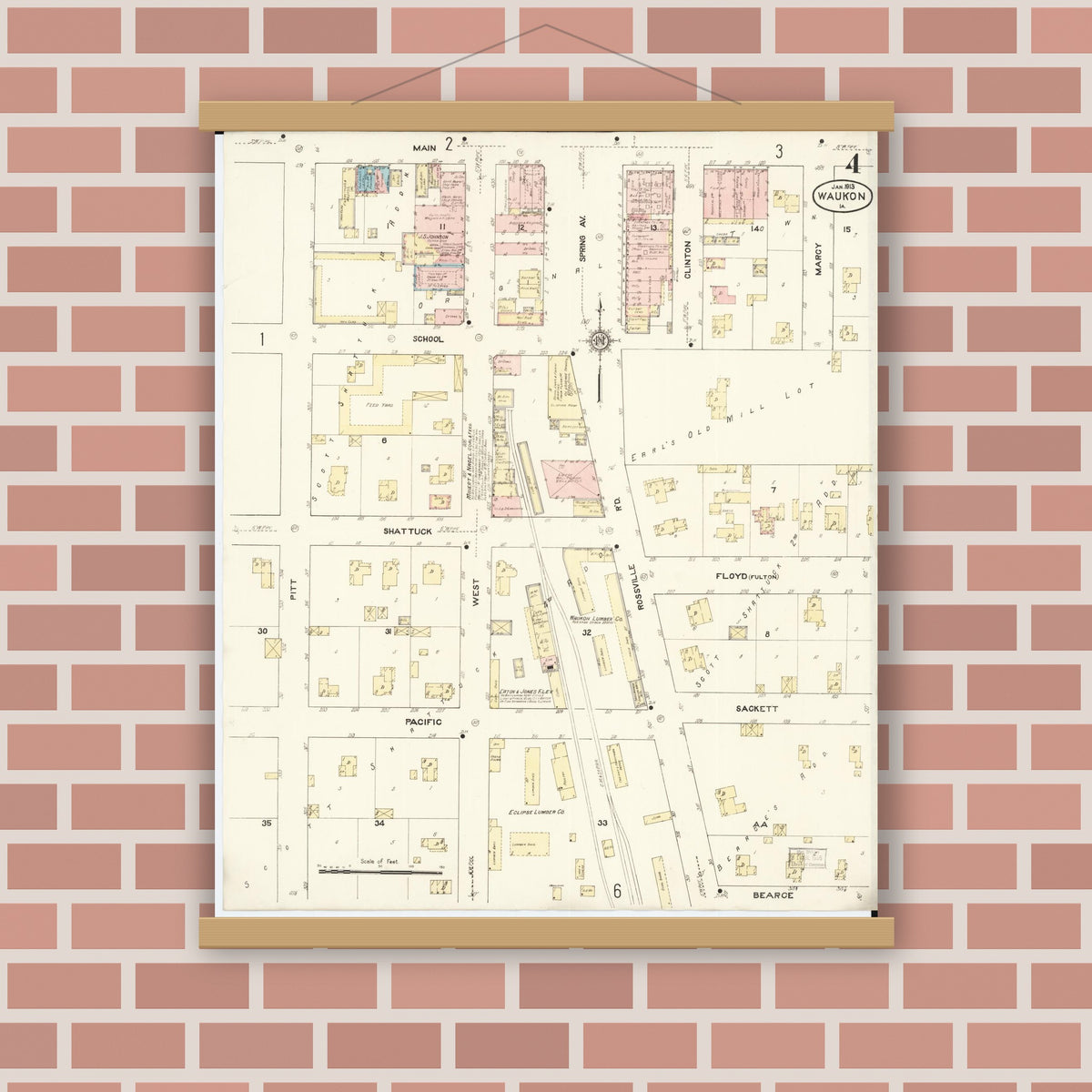 Old map wall art mockup — magnetic wood frame on brick wall — Sanborn Fire Insurance Map from Waukon, Allamakee County, Iowa (1913), Sheet #0004