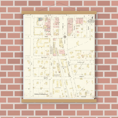 Old map wall art mockup — magnetic wood frame on brick wall — Sanborn Fire Insurance Map from Waukon, Allamakee County, Iowa (1913), Sheet #0004