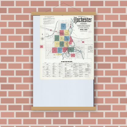 Old map wall art mockup — magnetic wood frame on brick wall — Sanborn Fire Insurance Map from Rochester, Olmsted County, Minnesota (1909) - Complete Map Set