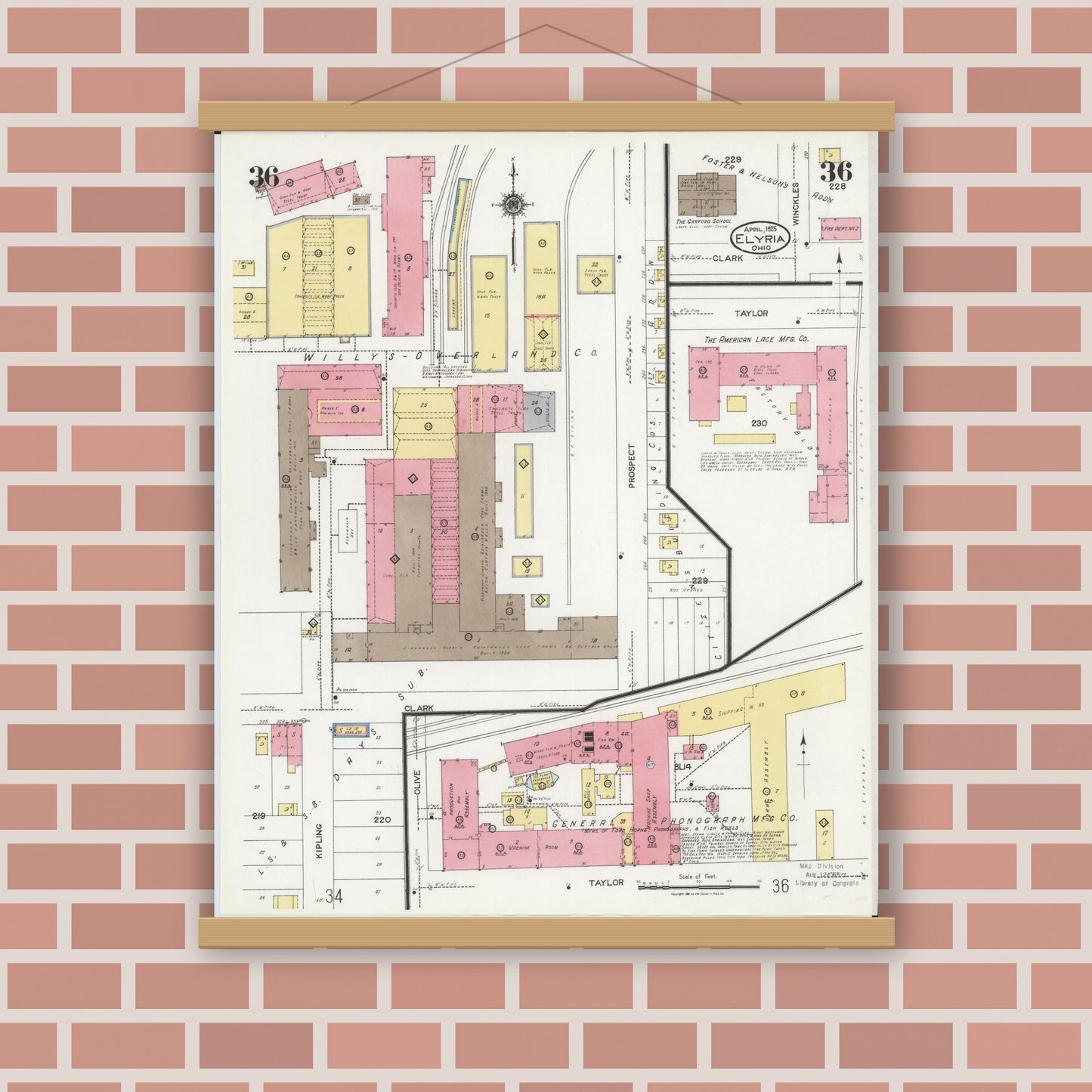 Old map wall art mockup — magnetic wood frame on brick wall — Sanborn Fire Insurance Map from Elyria, Lorain County, Ohio (1925), Sheet #0036