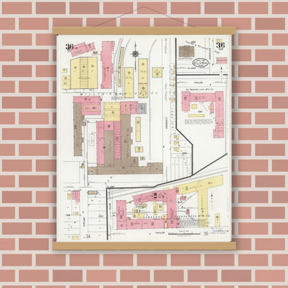 Old map wall art mockup — magnetic wood frame on brick wall — Sanborn Fire Insurance Map from Elyria, Lorain County, Ohio (1925), Sheet #0036