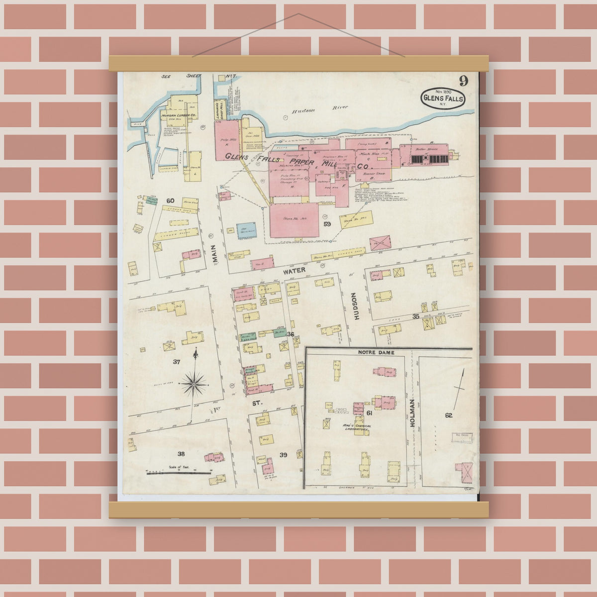 Old map wall art mockup — magnetic wood frame on brick wall — Sanborn Fire Insurance Map from Glens Falls, Warren County, New York (1890), Sheet #0009
