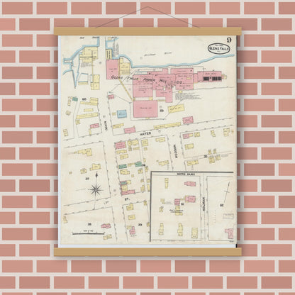 Old map wall art mockup — magnetic wood frame on brick wall — Sanborn Fire Insurance Map from Glens Falls, Warren County, New York (1890), Sheet #0009