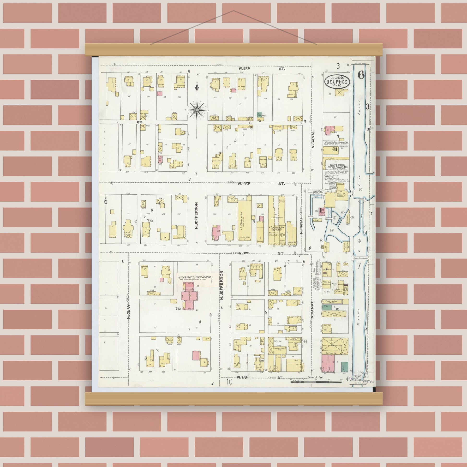 Old map wall art mockup — magnetic wood frame on brick wall — Sanborn Fire Insurance Map from Delphos, Van Wert And Allen Counties, Ohio (1904), Sheet #0006