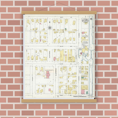 Old map wall art mockup — magnetic wood frame on brick wall — Sanborn Fire Insurance Map from Delphos, Van Wert And Allen Counties, Ohio (1904), Sheet #0006