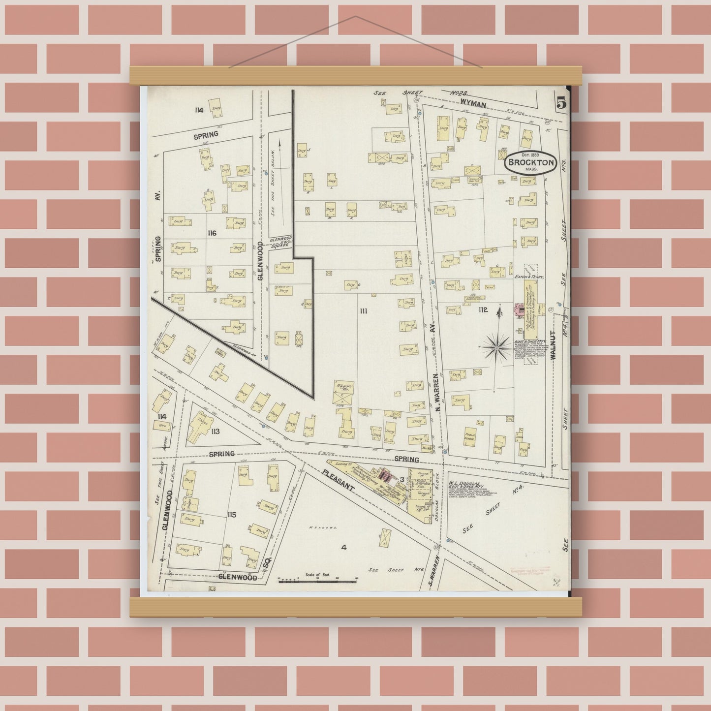 Old map wall art mockup — magnetic wood frame on brick wall — Sanborn Fire Insurance Map from Brockton, Plymouth County, Massachusetts (1889), Sheet #0005