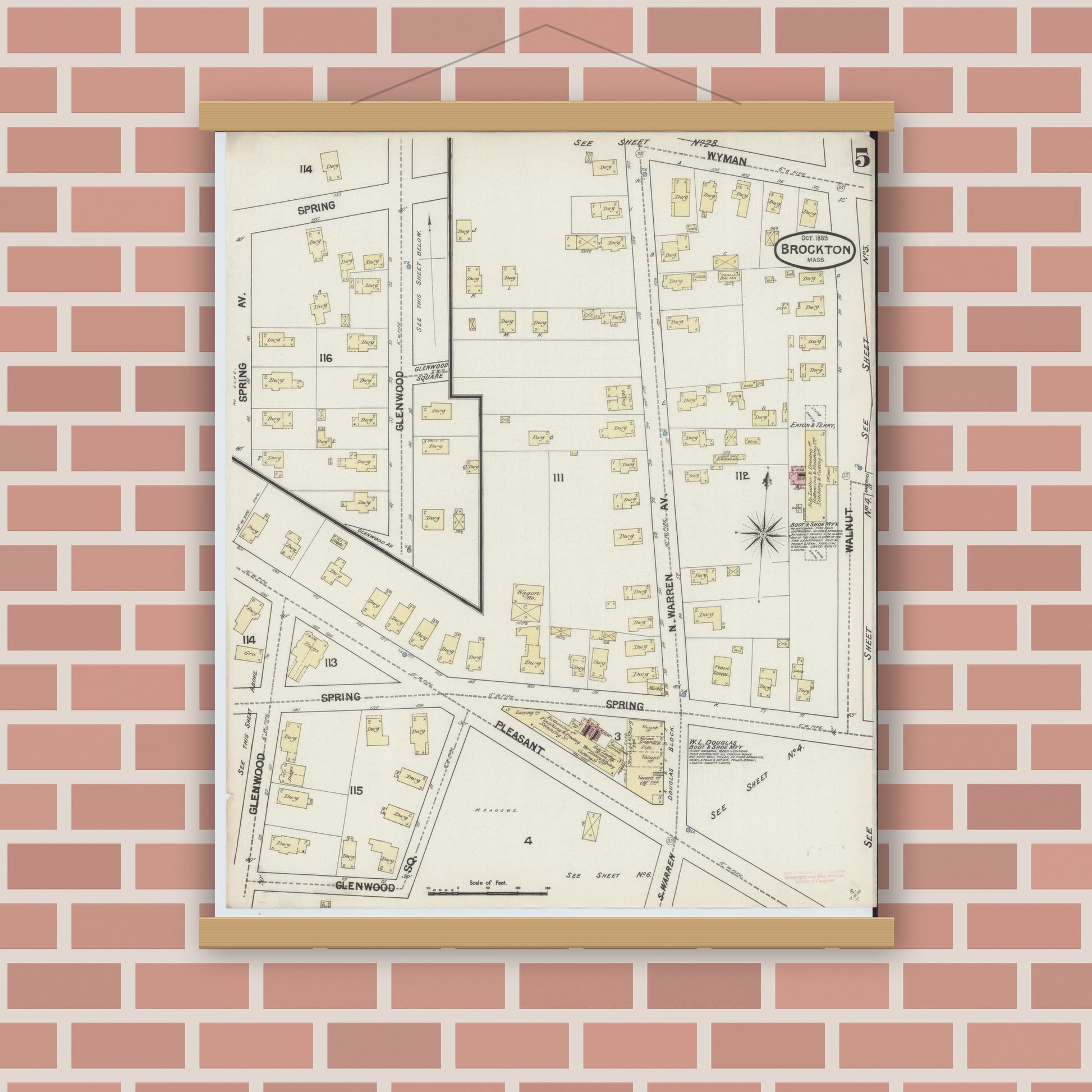 Old map wall art mockup — magnetic wood frame on brick wall — Sanborn Fire Insurance Map from Brockton, Plymouth County, Massachusetts (1889), Sheet #0005