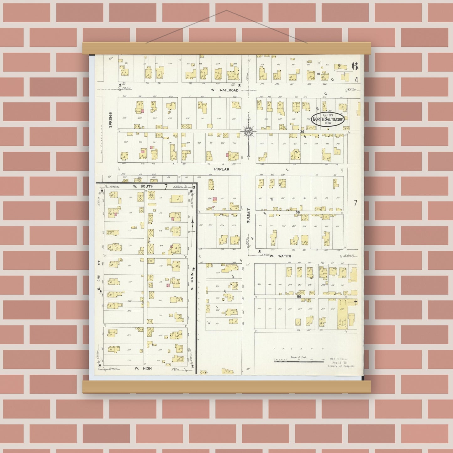 Old map wall art mockup — magnetic wood frame on brick wall — Sanborn Fire Insurance Map from North Baltimore, Wood County, Ohio (1913), Sheet #0006