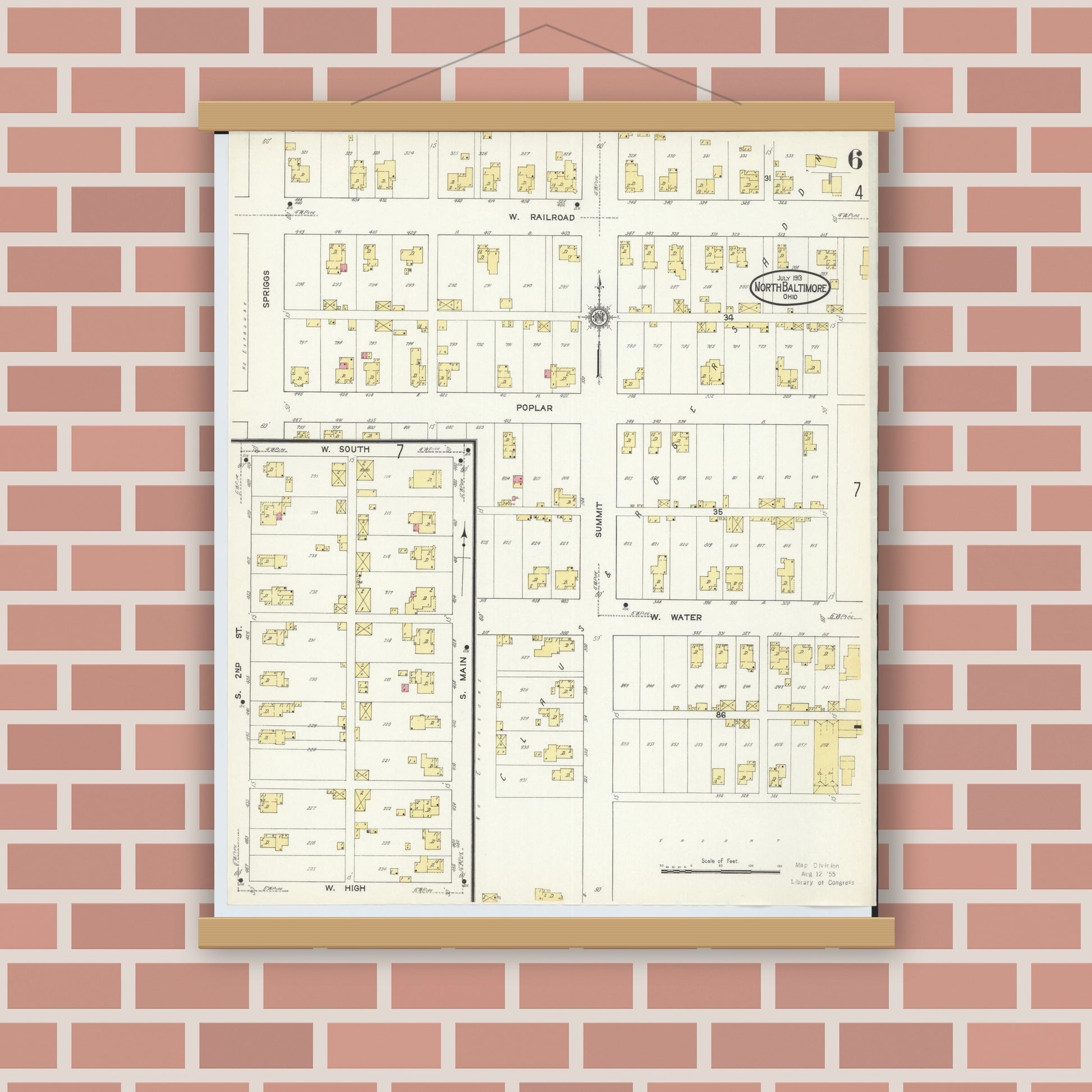 Old map wall art mockup — magnetic wood frame on brick wall — Sanborn Fire Insurance Map from North Baltimore, Wood County, Ohio (1913), Sheet #0006