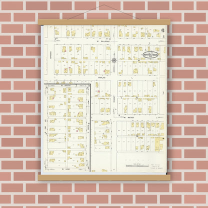 Old map wall art mockup — magnetic wood frame on brick wall — Sanborn Fire Insurance Map from North Baltimore, Wood County, Ohio (1913), Sheet #0006