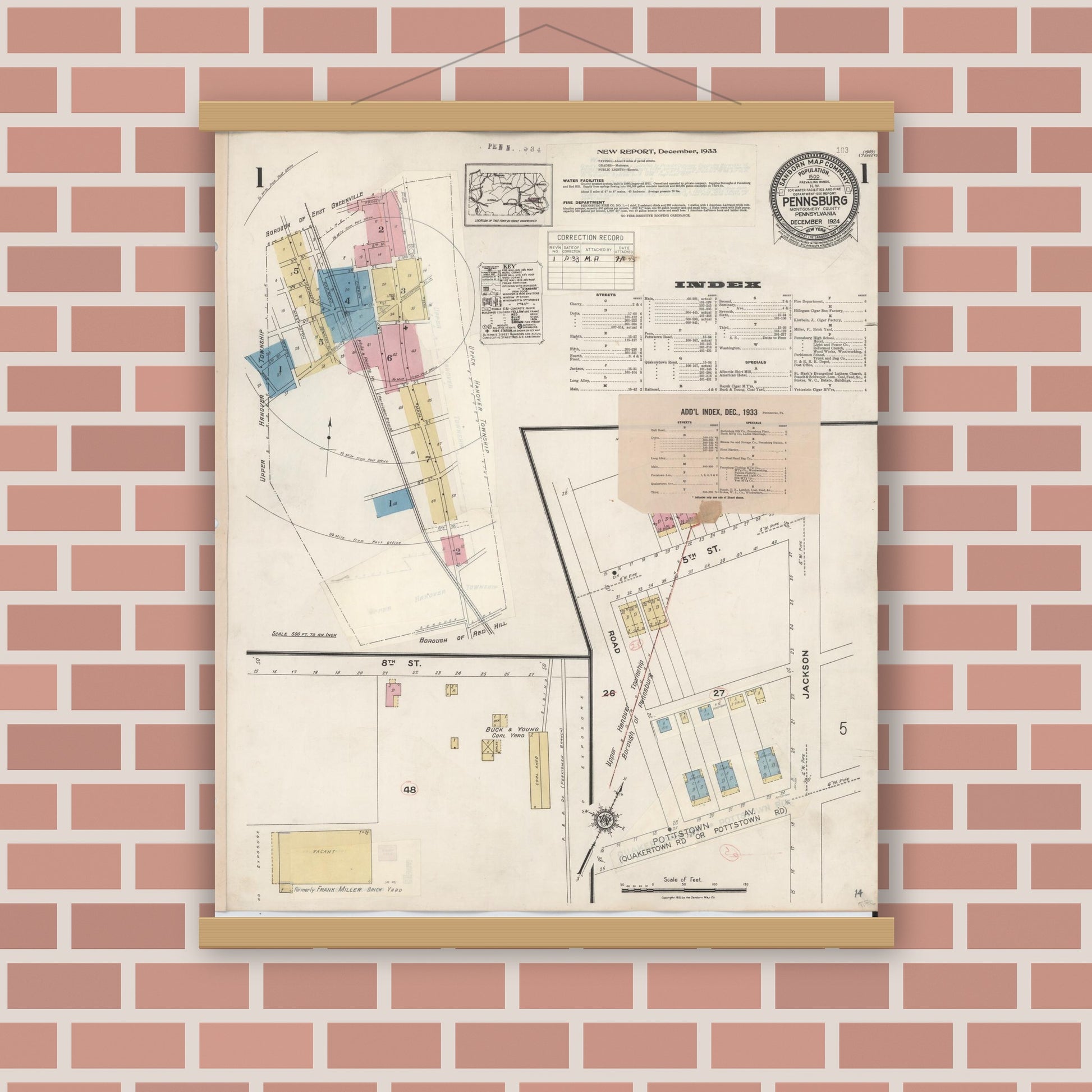 Old map wall art mockup — magnetic wood frame on brick wall — Sanborn Fire Insurance Map from Pennsburg, Montgomery County, Pennsylvania (1933), Sheet #0001