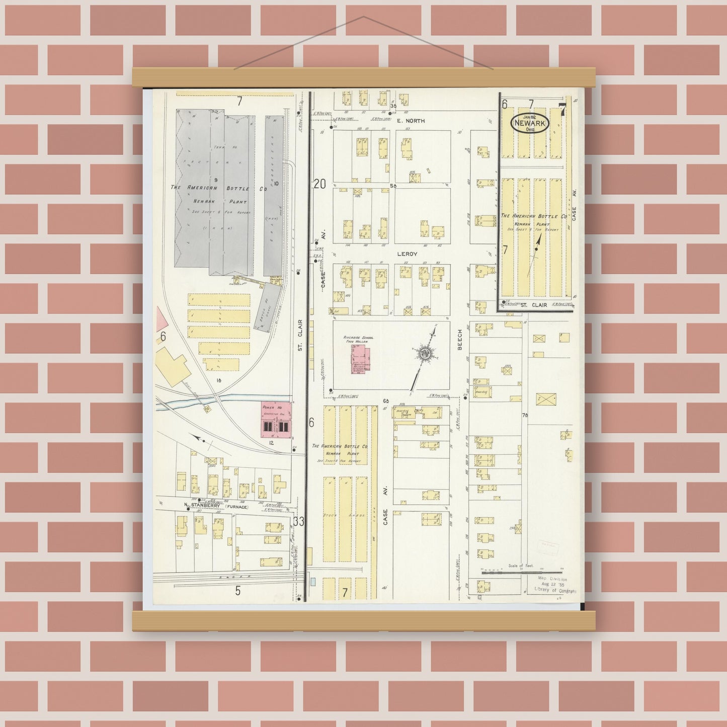 Old map wall art mockup — magnetic wood frame on brick wall — Sanborn Fire Insurance Map from Newark, Licking County, Ohio (1912), Sheet #0007