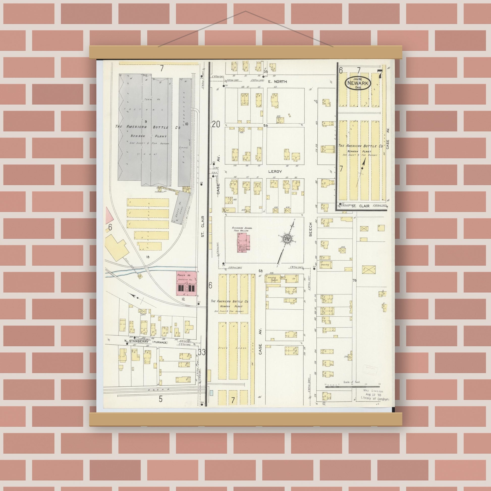Old map wall art mockup — magnetic wood frame on brick wall — Sanborn Fire Insurance Map from Newark, Licking County, Ohio (1912), Sheet #0007