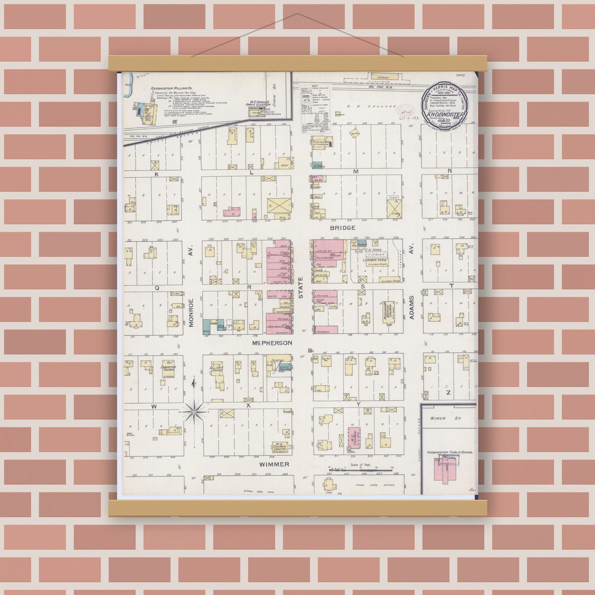 Old map wall art mockup — magnetic wood frame on brick wall — Sanborn Fire Insurance Map from Knobnoster, Johnson County, Missouri (1893), Sheet #0001
