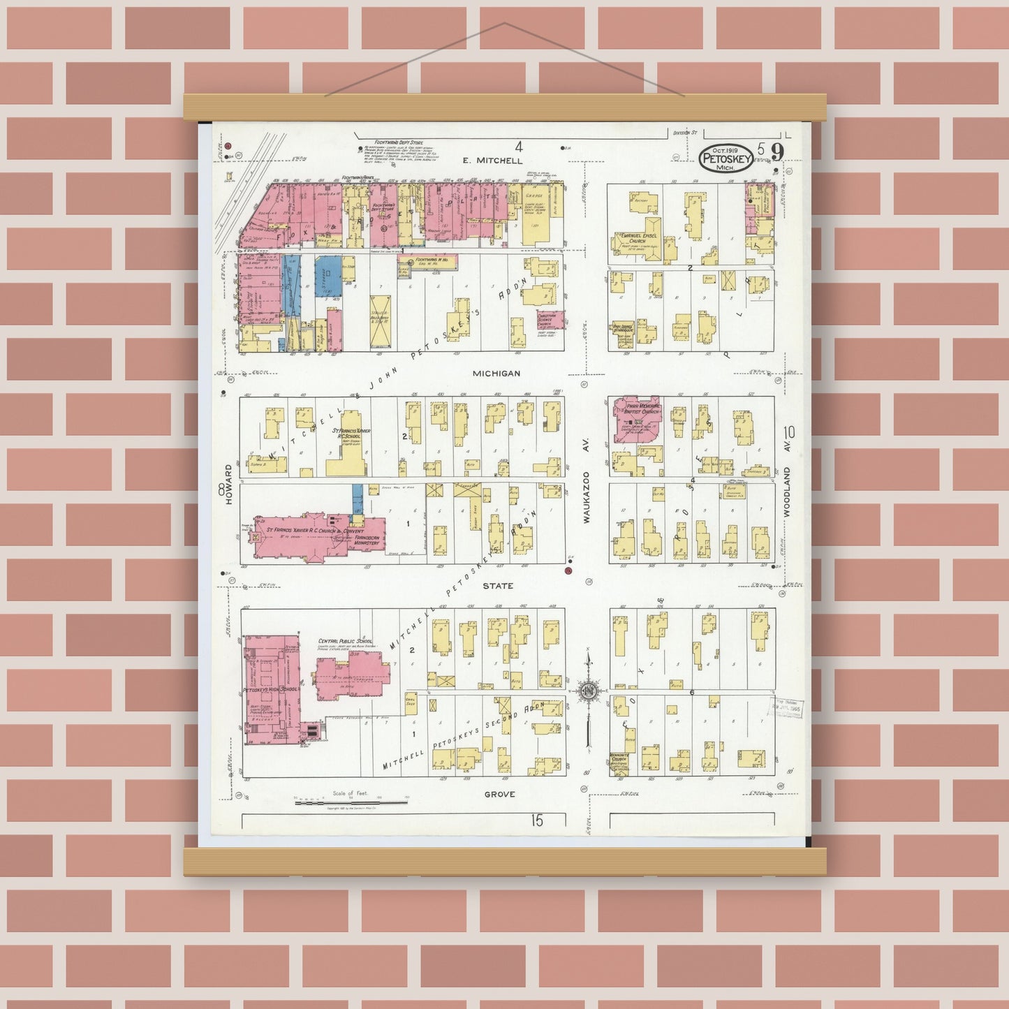 Old map wall art mockup — magnetic wood frame on brick wall — Sanborn Fire Insurance Map from Petoskey, Emmet County, Michigan (1919), Sheet #0009