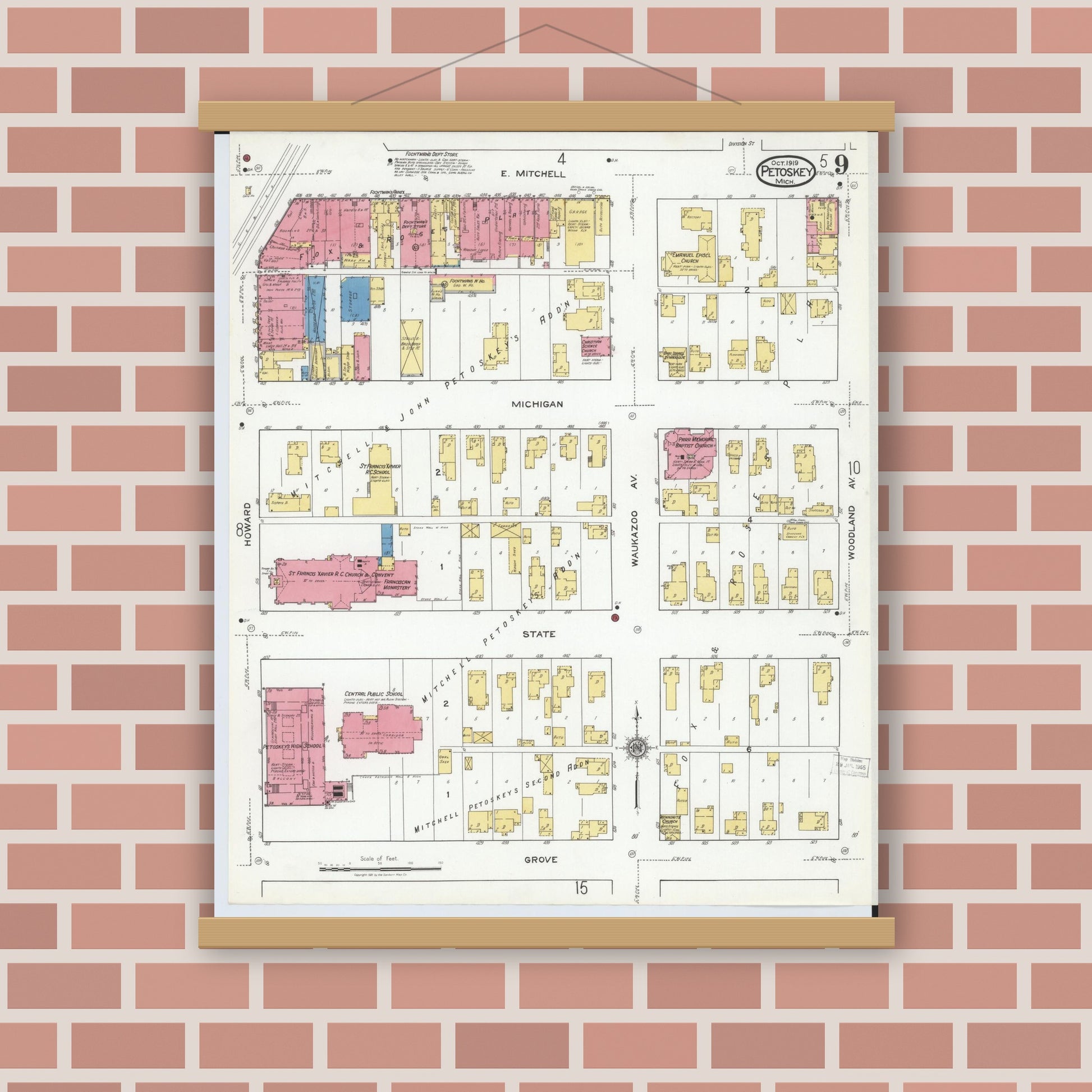 Old map wall art mockup — magnetic wood frame on brick wall — Sanborn Fire Insurance Map from Petoskey, Emmet County, Michigan (1919), Sheet #0009