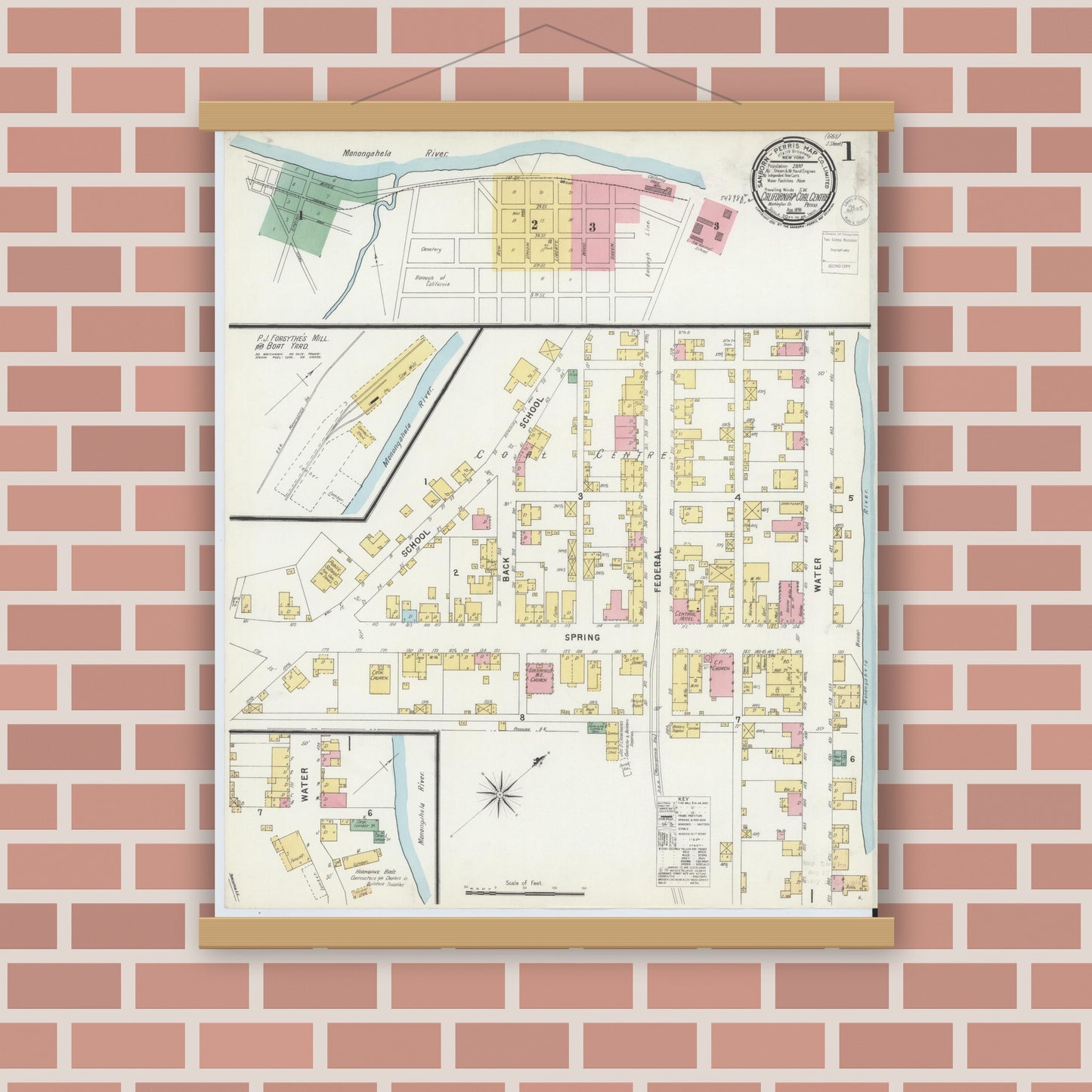 Old map wall art mockup — magnetic wood frame on brick wall — Sanborn Fire Insurance Map from California, Washington County, Pennsylvania (1896) - Complete Map Set