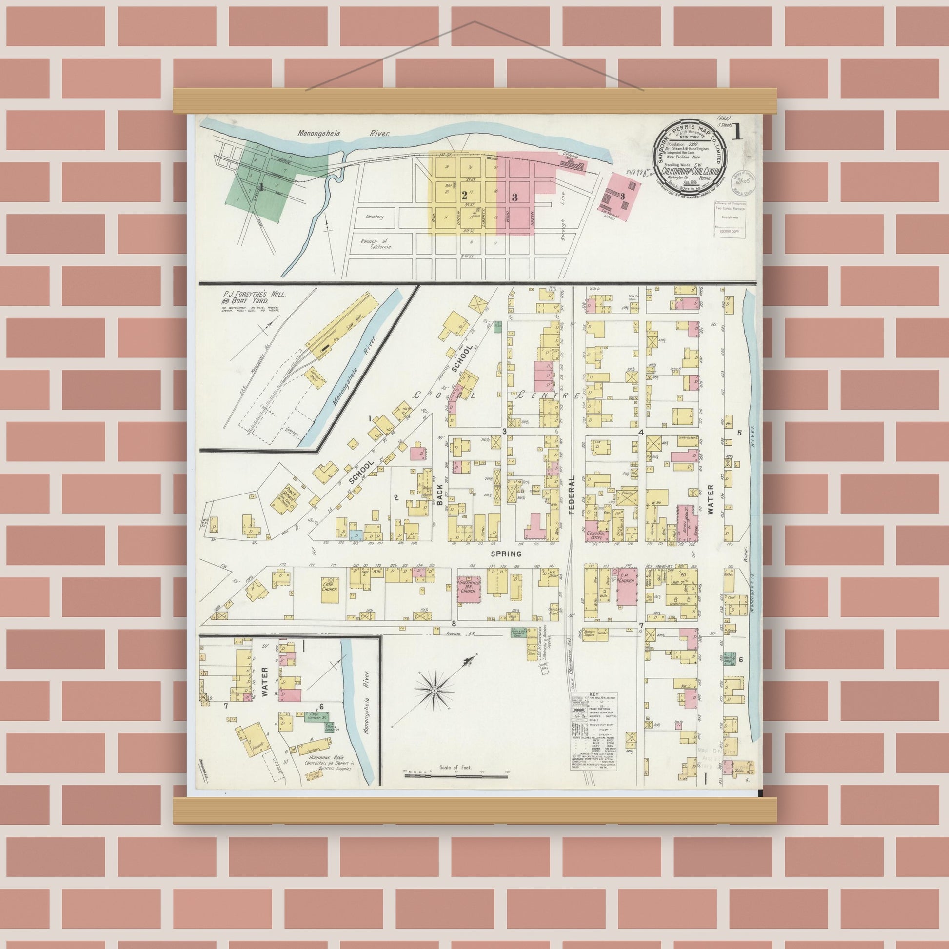 Old map wall art mockup — magnetic wood frame on brick wall — Sanborn Fire Insurance Map from California, Washington County, Pennsylvania (1896) - Complete Map Set