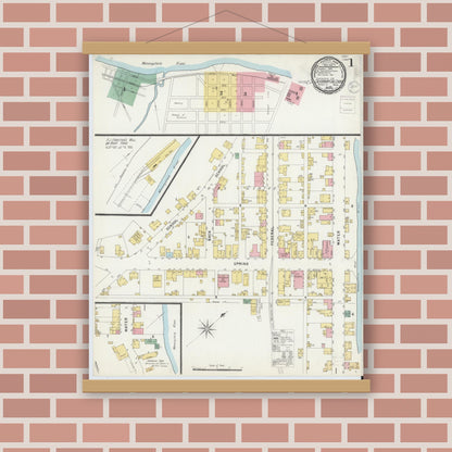 Old map wall art mockup — magnetic wood frame on brick wall — Sanborn Fire Insurance Map from California, Washington County, Pennsylvania (1896) - Complete Map Set
