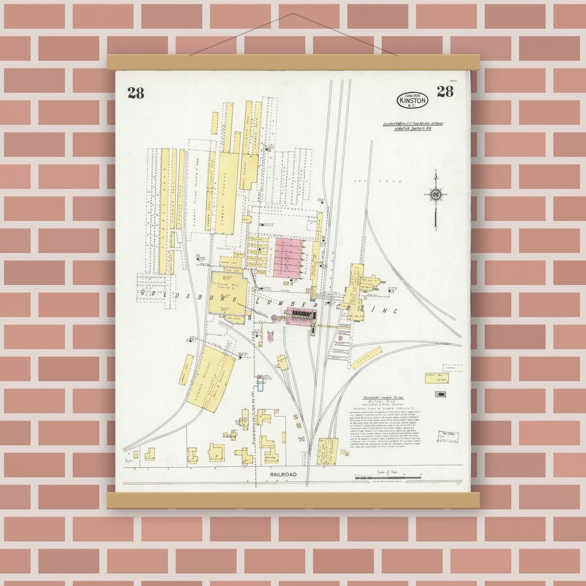 Old map wall art mockup — magnetic wood frame on brick wall — Sanborn Fire Insurance Map from Kinston, Lenoir County, North Carolina (1925), Sheet #0028