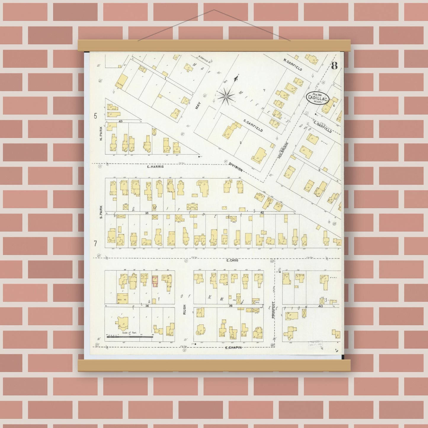Old map wall art mockup — magnetic wood frame on brick wall — Sanborn Fire Insurance Map from Cadillac, Wexford County, Michigan (1906), Sheet #0008