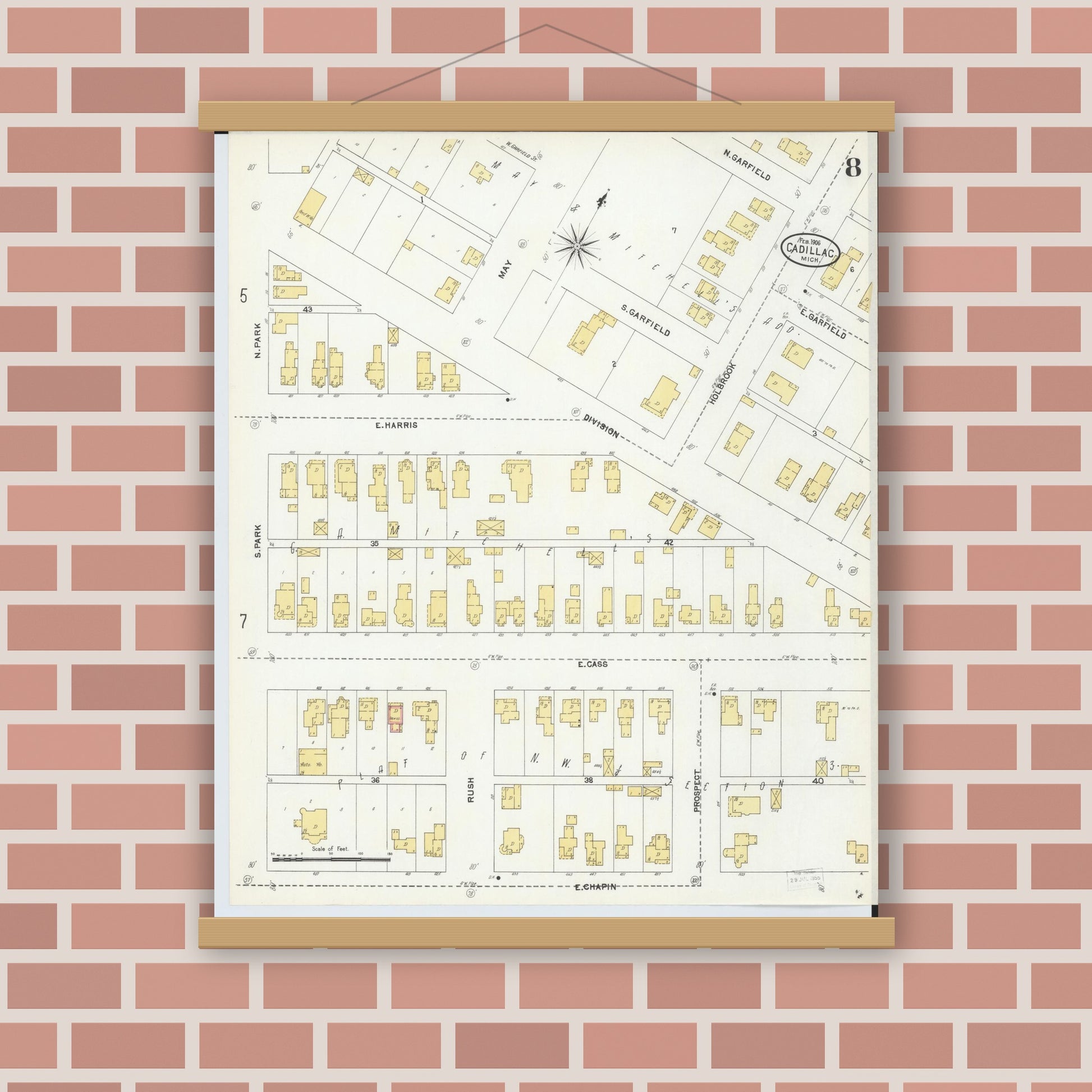 Old map wall art mockup — magnetic wood frame on brick wall — Sanborn Fire Insurance Map from Cadillac, Wexford County, Michigan (1906), Sheet #0008