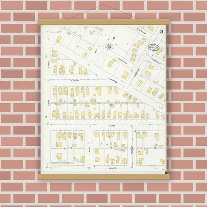 Old map wall art mockup — magnetic wood frame on brick wall — Sanborn Fire Insurance Map from Cadillac, Wexford County, Michigan (1906), Sheet #0008