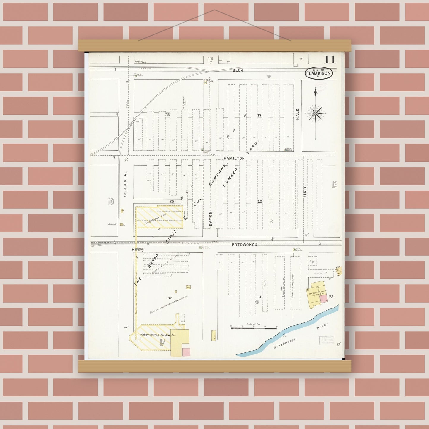 Old map wall art mockup — magnetic wood frame on brick wall — Sanborn Fire Insurance Map from Fort Madison, Lee County, Iowa (1894), Sheet #0011