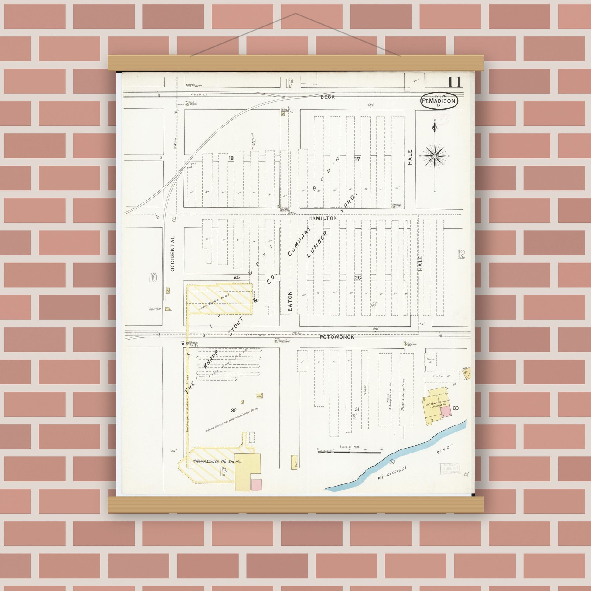 Old map wall art mockup — magnetic wood frame on brick wall — Sanborn Fire Insurance Map from Fort Madison, Lee County, Iowa (1894), Sheet #0011