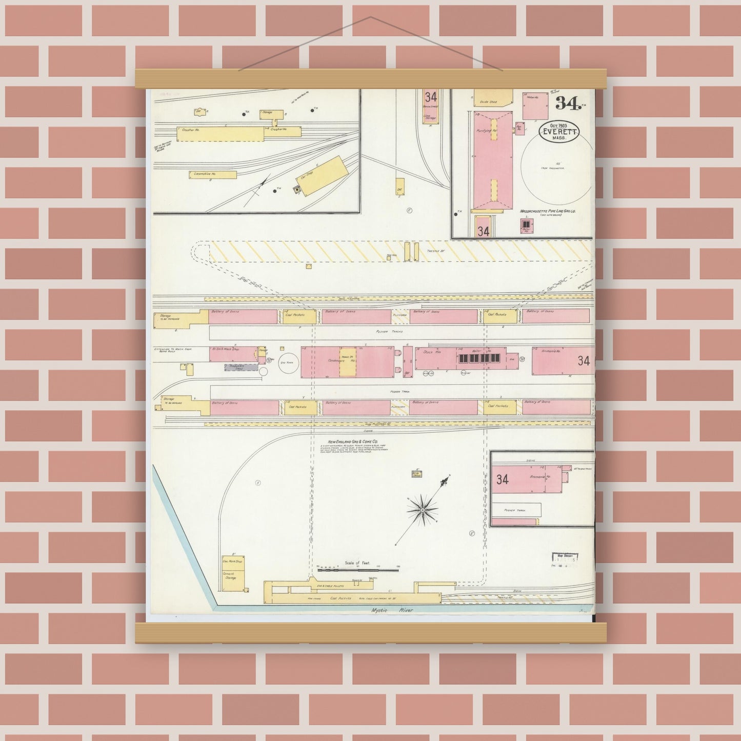 Old map wall art mockup — magnetic wood frame on brick wall — Sanborn Fire Insurance Map from Everett, Middlesex County, Massachusetts (1903), Sheet #0034