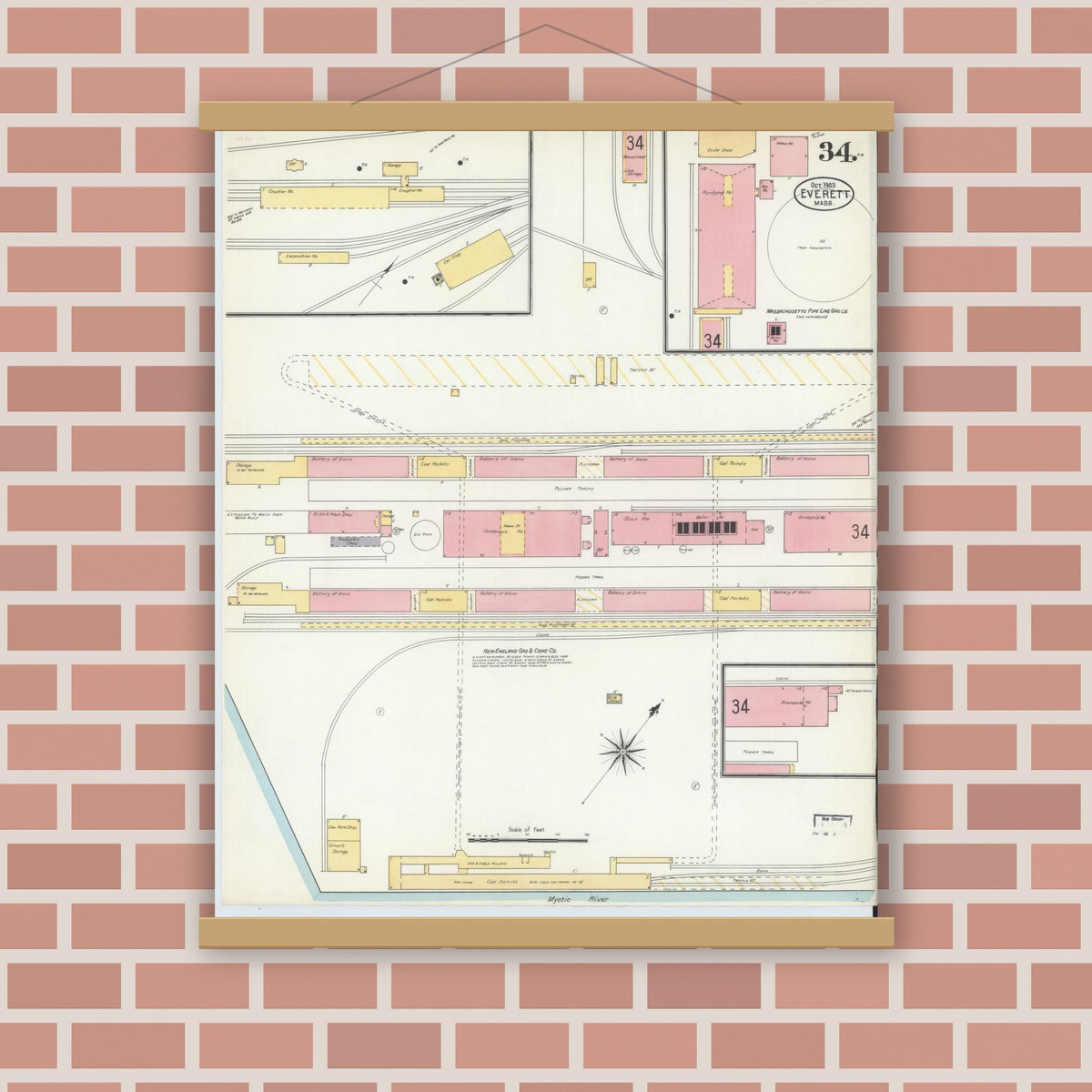 Old map wall art mockup — magnetic wood frame on brick wall — Sanborn Fire Insurance Map from Everett, Middlesex County, Massachusetts (1903), Sheet #0034
