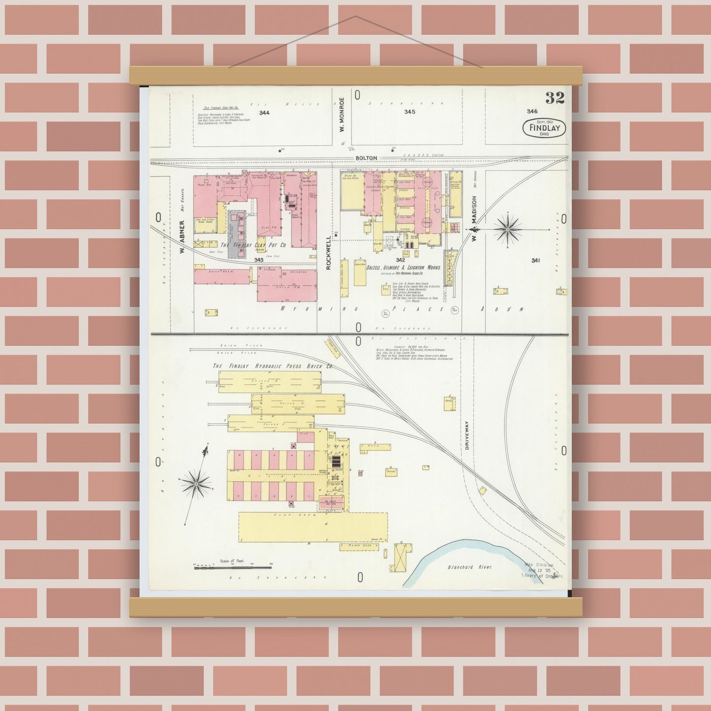 Old map wall art mockup — magnetic wood frame on brick wall — Sanborn Fire Insurance Map from Findlay, Hancock County, Ohio (1901), Sheet #0032