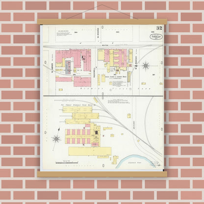 Old map wall art mockup — magnetic wood frame on brick wall — Sanborn Fire Insurance Map from Findlay, Hancock County, Ohio (1901), Sheet #0032