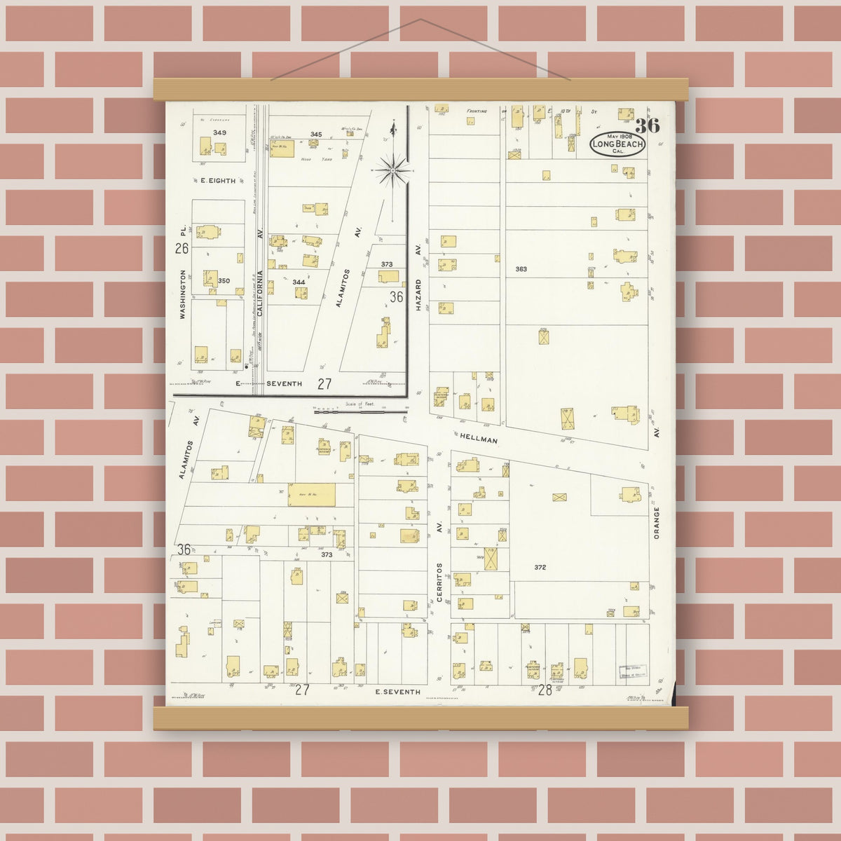 Old map wall art mockup — magnetic wood frame on brick wall — Sanborn Fire Insurance Map from Long Beach, Los Angeles County, California (1908), Sheet #0036