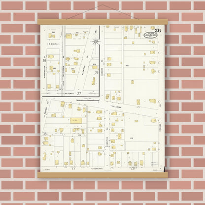 Old map wall art mockup — magnetic wood frame on brick wall — Sanborn Fire Insurance Map from Long Beach, Los Angeles County, California (1908), Sheet #0036