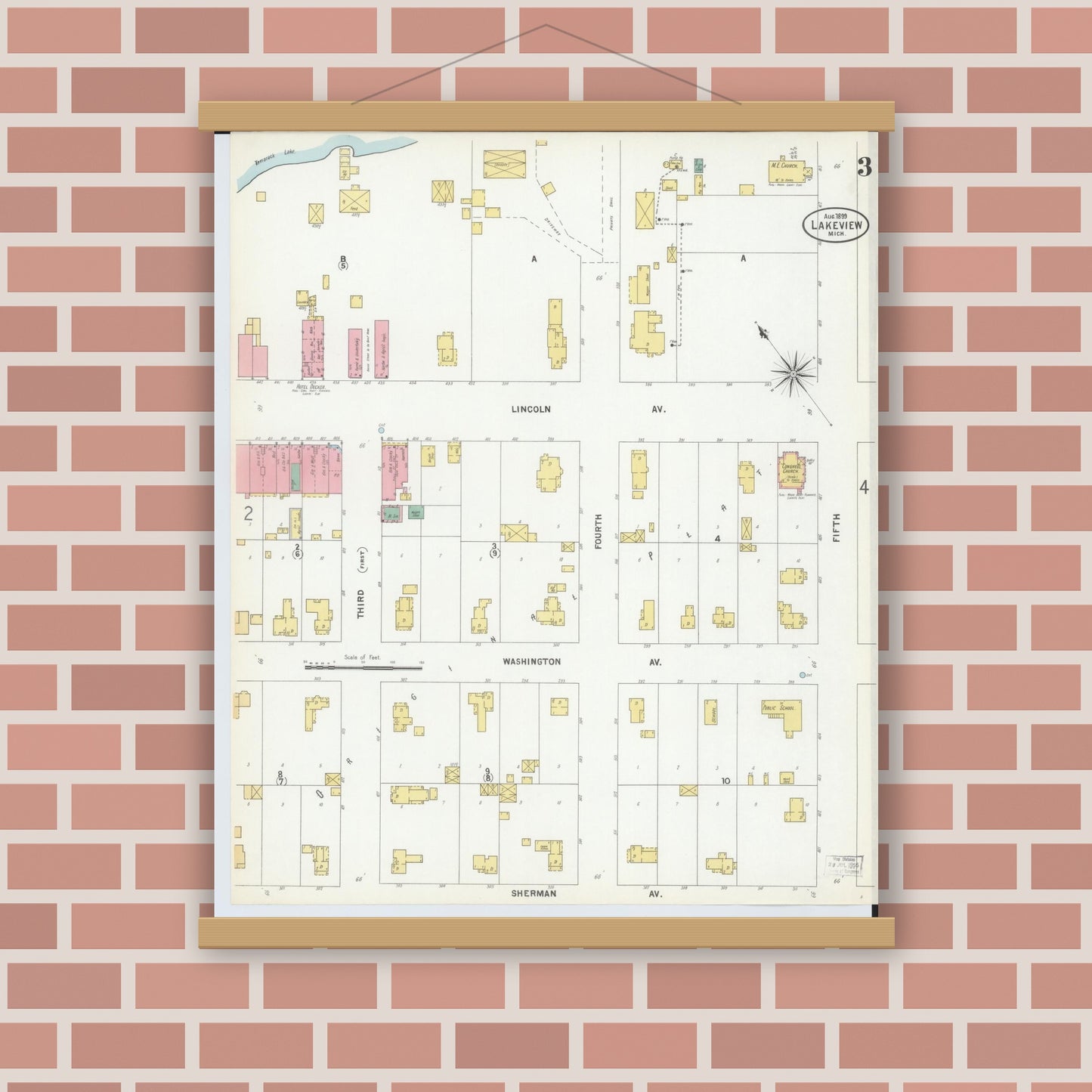 Old map wall art mockup — magnetic wood frame on brick wall — Sanborn Fire Insurance Map from Lakeview, Montcalm County, Michigan (1899), Sheet #0003