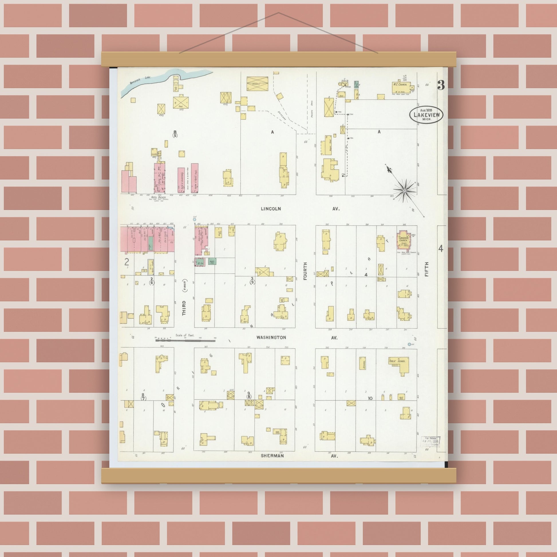 Old map wall art mockup — magnetic wood frame on brick wall — Sanborn Fire Insurance Map from Lakeview, Montcalm County, Michigan (1899), Sheet #0003