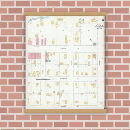Old map wall art mockup — magnetic wood frame on brick wall — Sanborn Fire Insurance Map from Lakeview, Montcalm County, Michigan (1899), Sheet #0003