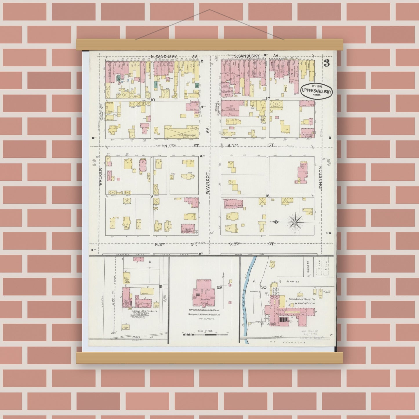 Old map wall art mockup — magnetic wood frame on brick wall — Sanborn Fire Insurance Map from Upper Sandusky, Wyandot County, Ohio (1892), Sheet #0003