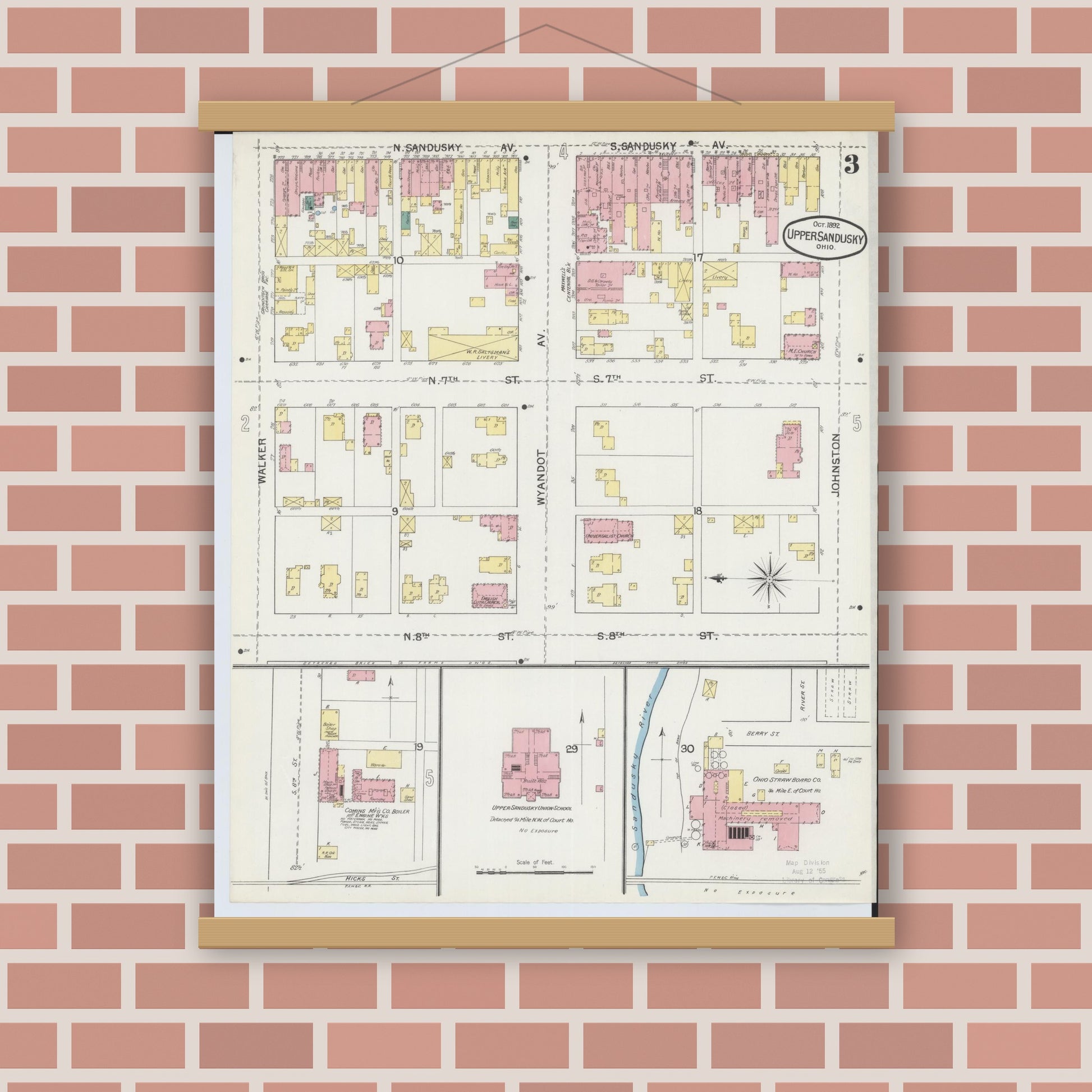 Old map wall art mockup — magnetic wood frame on brick wall — Sanborn Fire Insurance Map from Upper Sandusky, Wyandot County, Ohio (1892), Sheet #0003