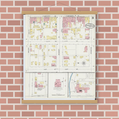 Old map wall art mockup — magnetic wood frame on brick wall — Sanborn Fire Insurance Map from Upper Sandusky, Wyandot County, Ohio (1892), Sheet #0003