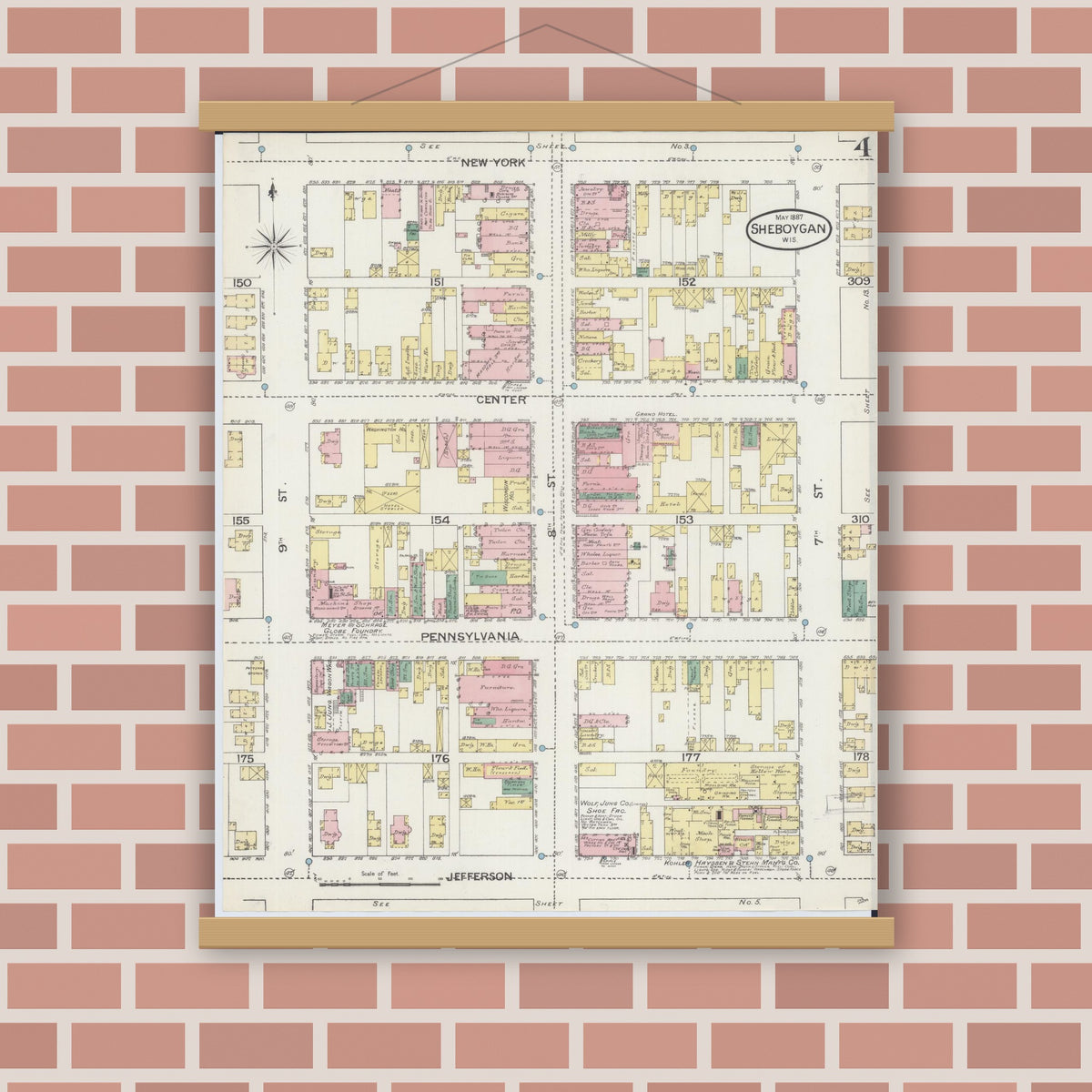 Old map wall art mockup — magnetic wood frame on brick wall — Sanborn Fire Insurance Map from Sheboygan, Sheboygan County, Wisconsin (1887), Sheet #0004