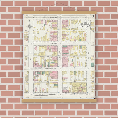 Old map wall art mockup — magnetic wood frame on brick wall — Sanborn Fire Insurance Map from Sheboygan, Sheboygan County, Wisconsin (1887), Sheet #0004