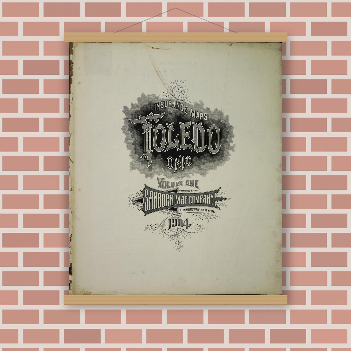 Old map wall art mockup — magnetic wood frame on brick wall — Sanborn Fire Insurance Map from Toledo, Lucas County, Ohio (1904), Sheet #0001