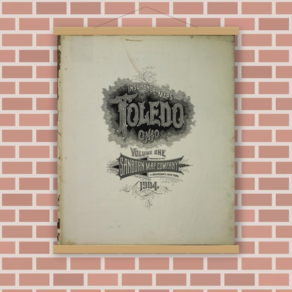 Old map wall art mockup — magnetic wood frame on brick wall — Sanborn Fire Insurance Map from Toledo, Lucas County, Ohio (1904), Sheet #0001