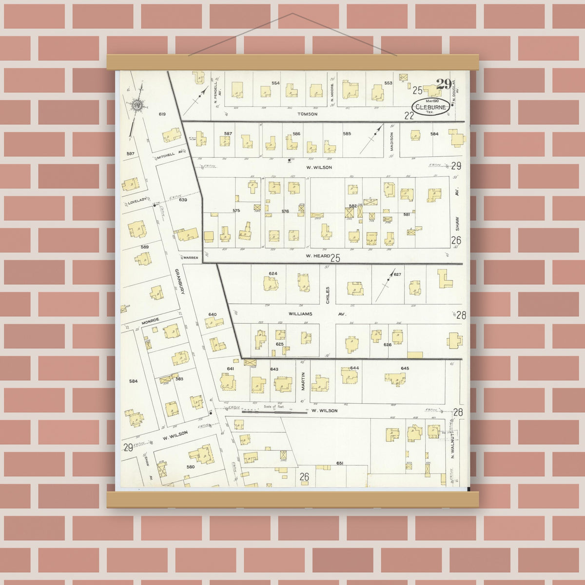 Old map wall art mockup — magnetic wood frame on brick wall — Sanborn Fire Insurance Map from Cleburne, Johnson County, Texas (1910), Sheet #0029