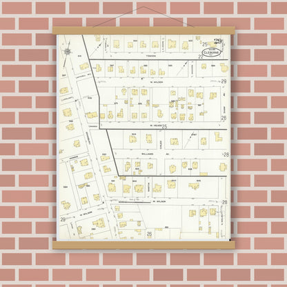 Old map wall art mockup — magnetic wood frame on brick wall — Sanborn Fire Insurance Map from Cleburne, Johnson County, Texas (1910), Sheet #0029