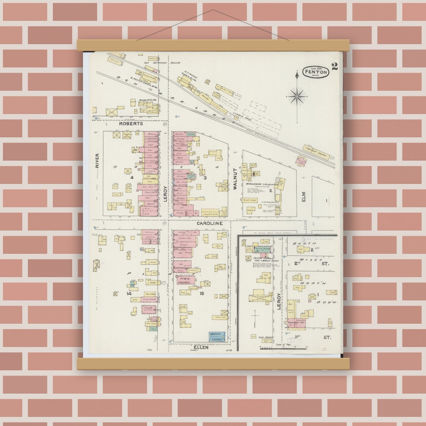 Old map wall art mockup — magnetic wood frame on brick wall — Sanborn Fire Insurance Map from Fenton, Genesee County, Michigan (1890), Sheet #0002